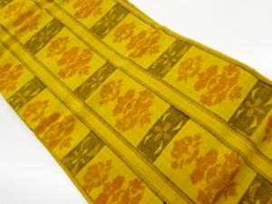 手織り縞に草花模様織出し名古屋帯